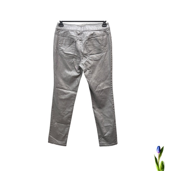 Chico's Platinum Jeans Gray Silver Coated Metallic foil Shimmer Straight, Cotton - Picture 2 of 5
